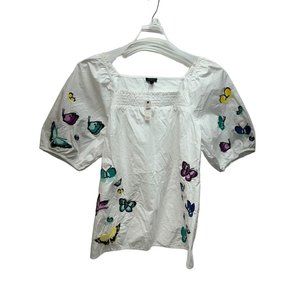 NEW‎ Talbots EMBROIDERED POPLIN TOP - SCATTERED BUTTERFLY Size Large